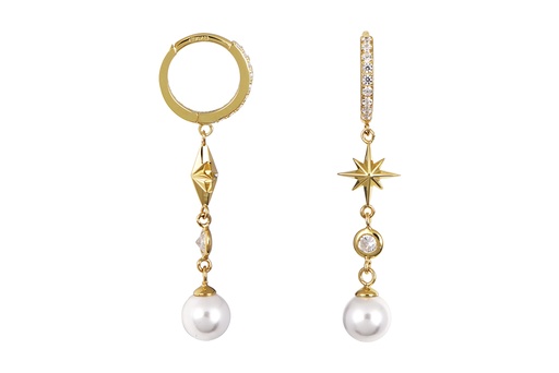 [18572EPBLDO] Sterling silver 12x2mm hoop with 12x8mm cubic zirconia compass rose and 6mm pearl hoop earring