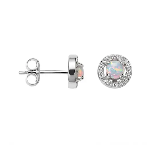 [18603EGWORD] Sterling silver 4mm round white opal glass & white zirconia earring