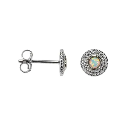 [18604EGWORD] Sterling silver round white opal glass earring