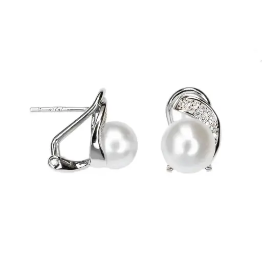 [18611EPBLRD] Sterling silver toi et moi style zirconia & 8mm pearl earring