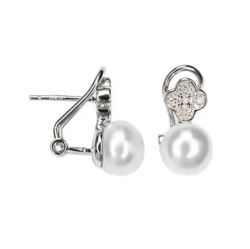 [18614EPBLRD] Sterling silver flower zirconia & 9mm pearl toi et moi style earring