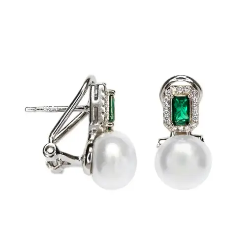 [18615EPBLRD] Pendiente plata 925 tu y yo perla 10mm zirconita esmeralda 3x5mm y zirconitas blancas