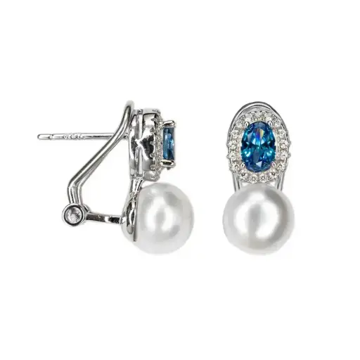 [18616EPBLRD] Sterling silver pearl 9mm and blue topaz 6x4mm with white zirconia toi et moi style earring