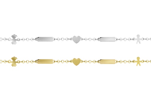 Pulsera plata 925 placa 3x10mm con niños y corazon