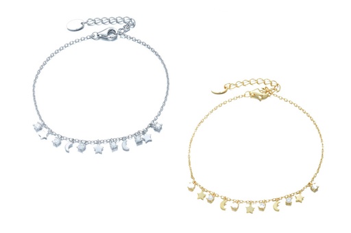 Pulsera plata 925 con mini charm luna, estrella zirconita