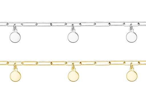 Pulsera plata rolo eslabón rectangular c/placa redonda 7mm