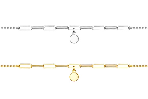 Pulsera plata rolo eslabón rectangular c/placa redonda 7mm