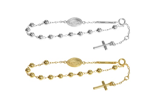 Pulsera plata 925 rosario bola 4mm cruz 15x8mm virgen 16x8mm
