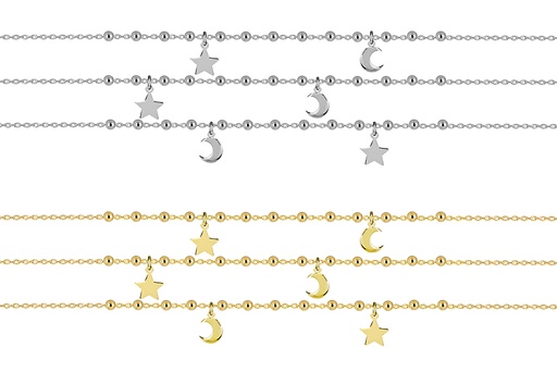 Sterling silver bracelet with 7mm stars and 7mm moons, triple chain