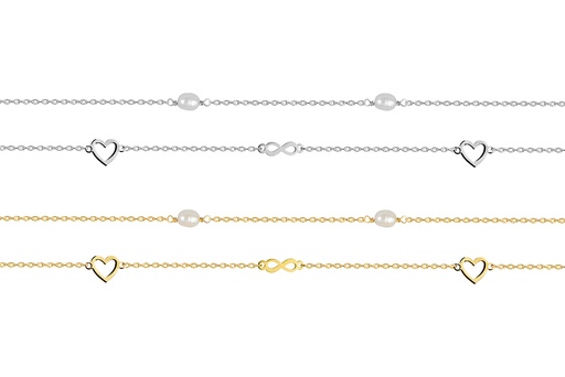 Pulsera plata 925 corazones 6x10mm perlas 5mm infinito 3x11mm