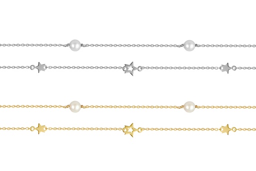 Pulsera plata 925 estrellas 5mm y perlas 5mm doble cadena