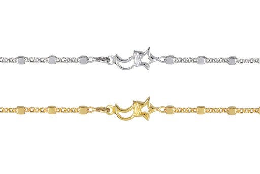 Sterling silver 1.5mm mini cube chain with moon and star bracelet