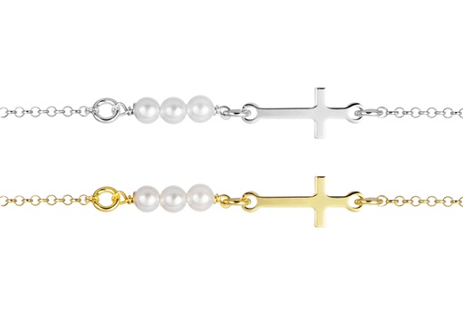 Sterling silver 6x16mm horizontal cross with three 3mm pearls bracelet