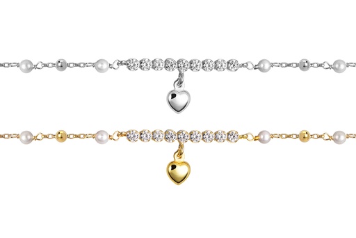 Pulsera plata 925 perlas y bolas 3mm con corazón 6x6mm