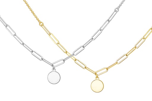 Collar plata rolo eslabón rectangular c/placa redonda 10mm