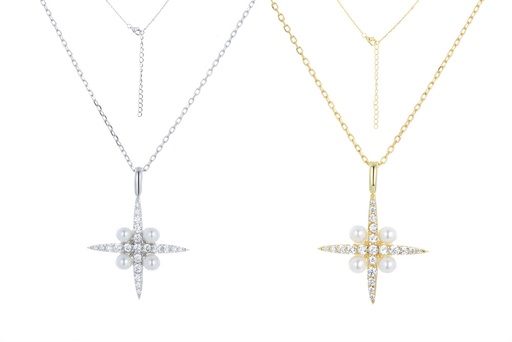 Sterling silver compass rose pearls necklace