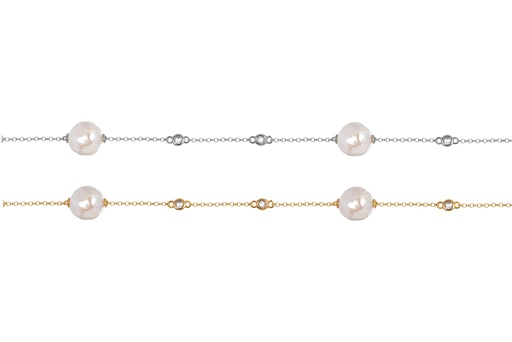 Sterling silver 9-10.5mm freshwater cultured pearl necklace with 3.5mm zirconia