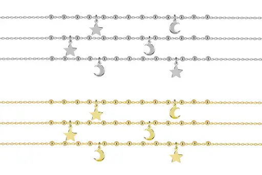 Sterling silver necklace with stars and moons, triple chain