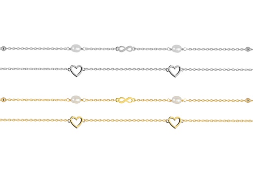 Sterling silver necklace with 6x9mm hearts, 4x6mm pearls, and 3x11mm infinity symbol