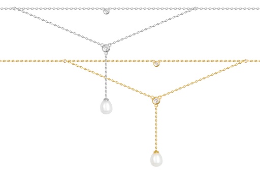 Sterling silver double chain zirconia & pearl necklace