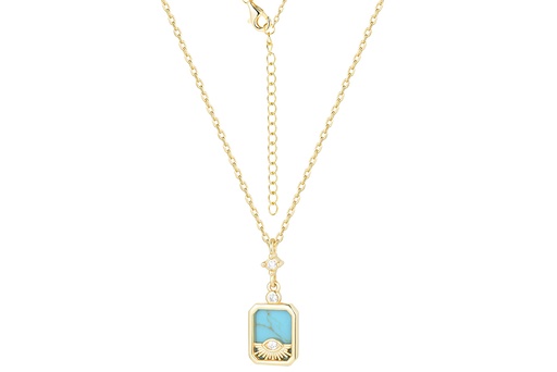 [18326N38E5RTUDO] Sterling silver rectangular turquoise plate with white zirconia evil eye necklace
