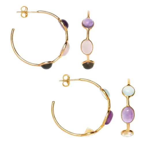 Sterling silver 3 semiprecious stone hoop earring