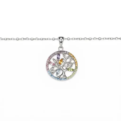 [19023N38A5ZMXRD] Sterling silver tree of life with coloured zirconia stones necklace