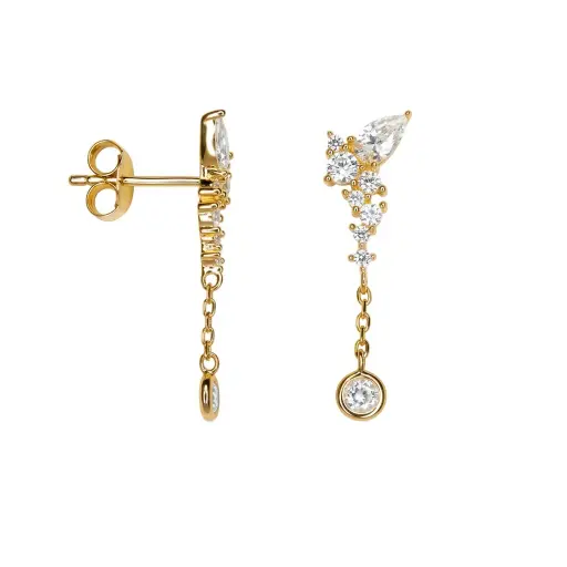 [19040EZBLDO] Sterling silver mixed-size zirconia stones with chain earrings