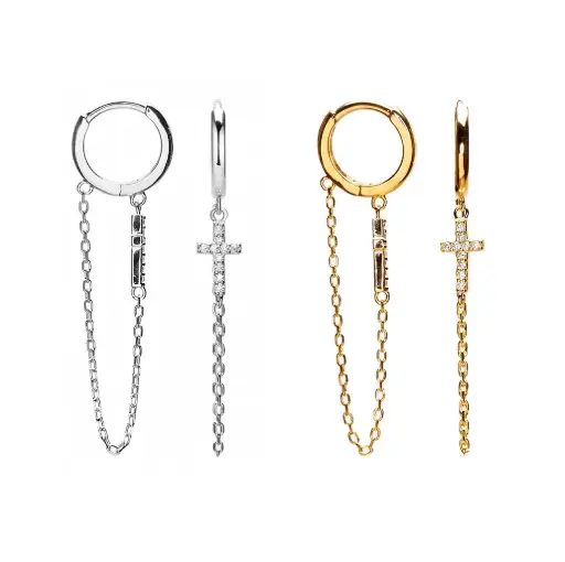 Sterling silver hoop with 12×5 mm cross with zirconia stones and chain earrings