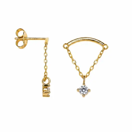 [19051EZBLDO] Sterling silver curved bar with 3 mm zirconia stone and chain earrings