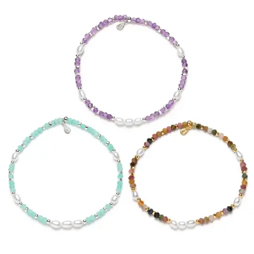 Pulsera plata 925 elástica con piedras semipreciosas de 4mm intercalada con perlas 4x5mm