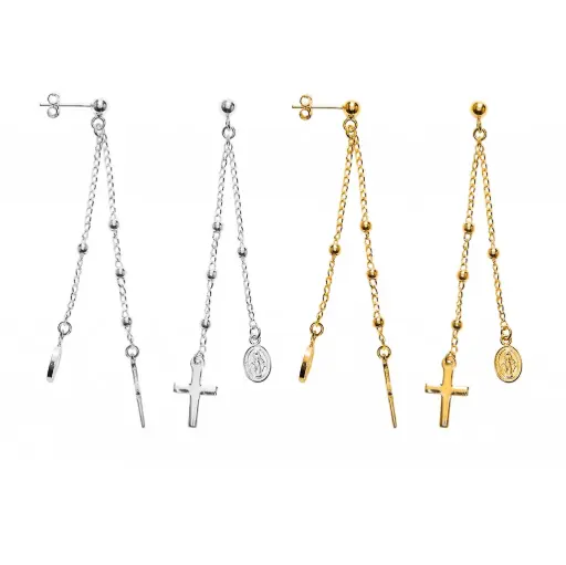 Sterling silver rosary style bead chain hoop earrings with cross and virgin