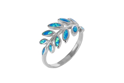 Sterling silver blue opal leafy branch design ring
