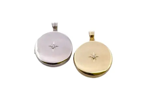 Sterling silver circle locket pendant with cz wind rose