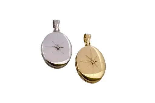 Sterling silver oval locket pendant 15x19mm with cz wind rose