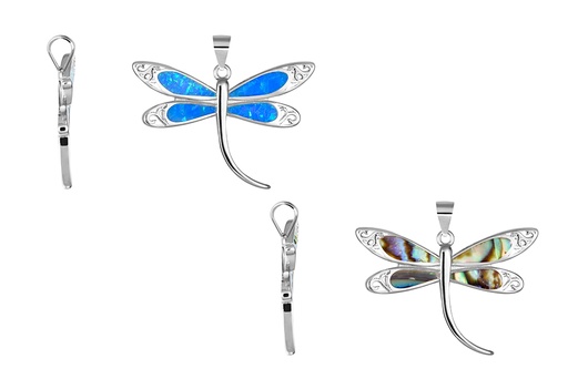 Sterling silver blue opal and abalone dragonfly pendant"